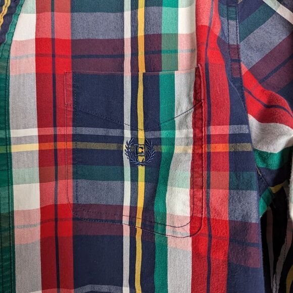 Chaps Easy Care Stretch Multicolor Plaid Long Sleeve Button Down Large Red Blue - Picture 3 of 8